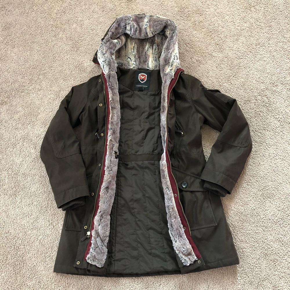 Faux Fur Lined Brown Long Utility Coat Size M